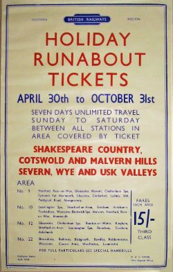 British Railways double royal poster advertising HOLIDAY RUNABOUT TICKETS in APRIL 1950. Priced at