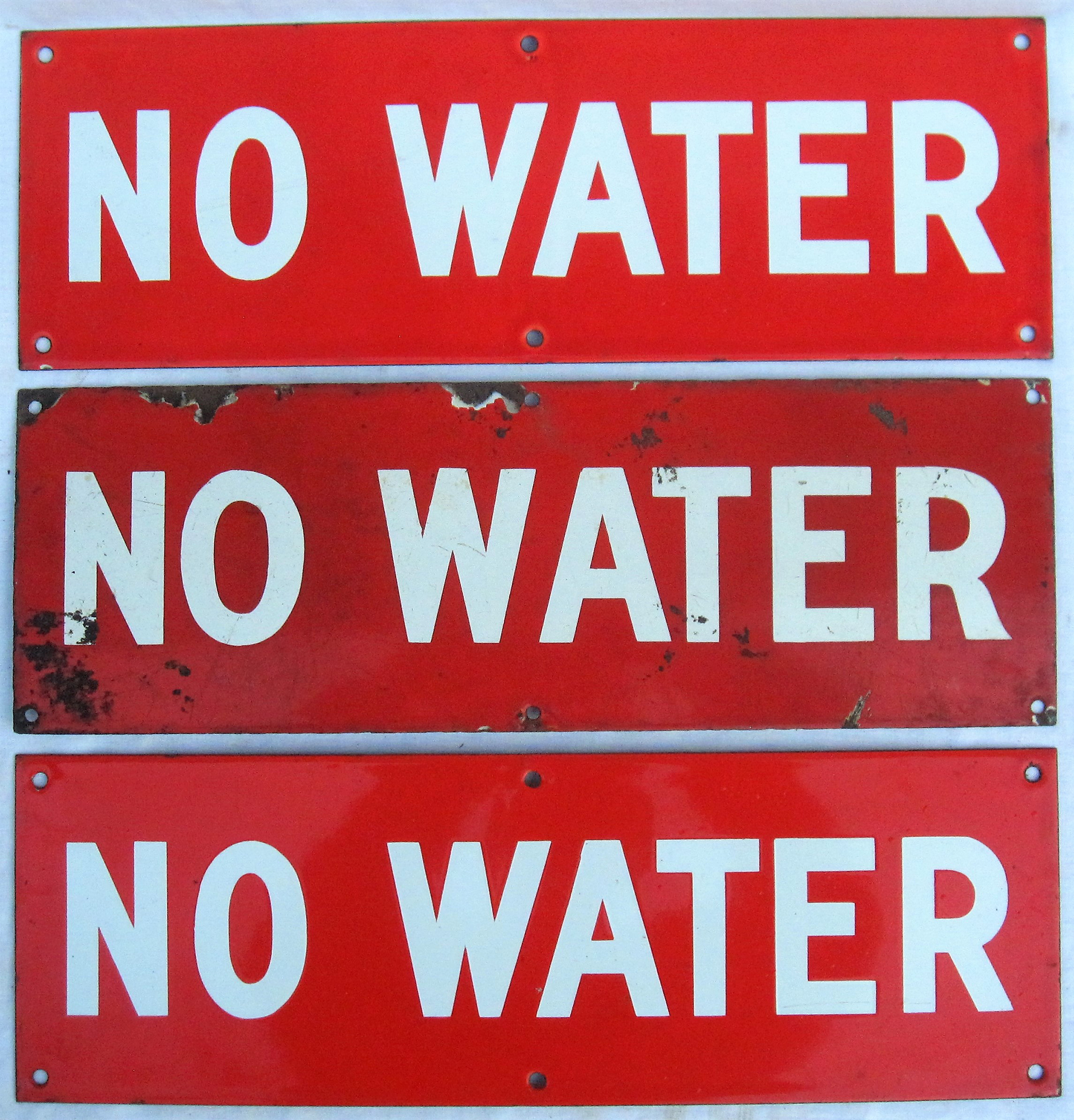 3 x Enamel signs. NO WATER. Believed to be located at out stations without watering facilities.