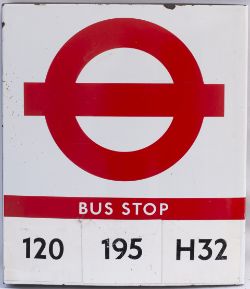 London Transport enamel BUS STOP sign. Double sided measures 18in x 21in.