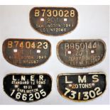 5 x Cast Iron Wagon D Plates. B 730028 20T Darlington. B 740423 12T Darlington. B 950144 20T