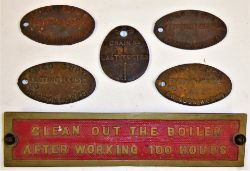 5 x cast iron SWINDON WORKS boiler testing labels together with a traction engine boiler plate,