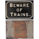Midland Railway cast iron sign. BEWARE OF TRAINS. Restored condition. Measures 22.5 in x 15 in.