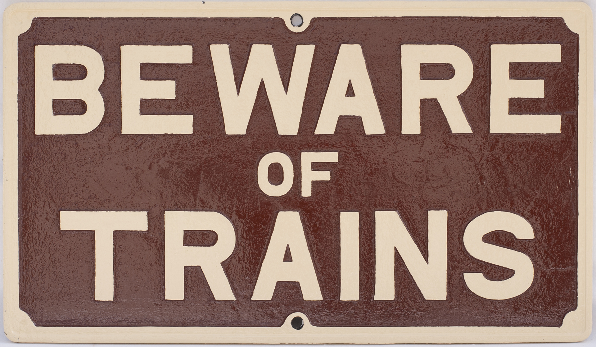 GWR Cast Iron Sign BEWARE OF TRAINS. Measures 19.25 in X 33.5 in. Nicely restored.