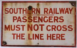 Southern Railway enamel sign. PASSENGERS MUST NOT CROSS THE LINE HERE. Some rusting stains. Measures
