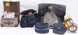 A lot containing a selection of Railway caps, Bardic lamps, Guards Bag and a cased ticket machine