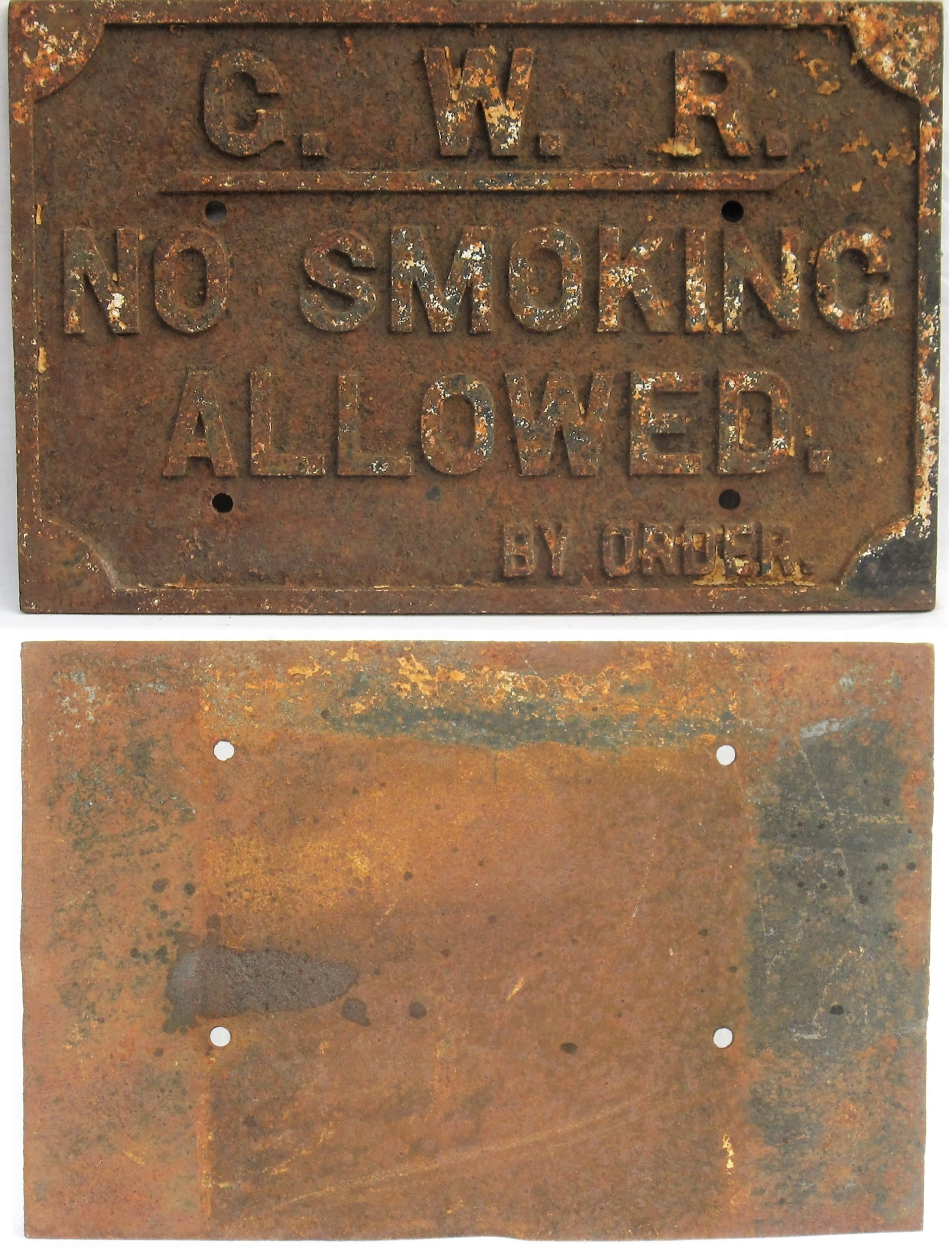 GWR Cast Iron sign. NO SMOKING ALLOWED By Order. Devoid of paint in good original condition.