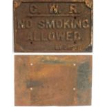 GWR Cast Iron sign. NO SMOKING ALLOWED By Order. Devoid of paint in good original condition.