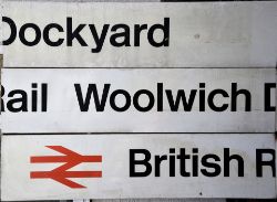British Rail Station Sign. BRITISH RAIL WOLWICH DOCKYARD. Measures 77n x 18in in 3 separate pieces.