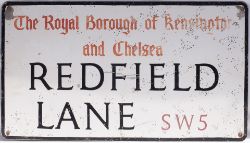 Road Street Sign. REDFIELD LANE THE ROYAL BOROUGH OF KENSINGTON and CHELSEA SW5. Aluminium measuring