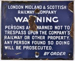 LMS blue enamel trespass warning sign. PERSONS ARE WARNED NOT TO TRESPASS UPON THE COMPANYS RAILWAY.