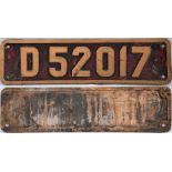 Brass Cabside number plate. D 52017 in original condition. Measures 27.75in x 7.5in.