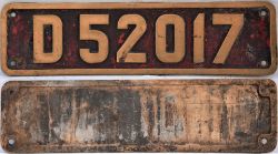 Brass Cabside number plate. D 52017 in original condition. Measures 27.75in x 7.5in.