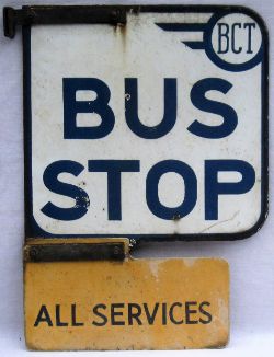 Double Sided enamel Bus Stop Sign. BCT BUS STOP with lower section ALL SERVICES. Ex BRADFORD CITY