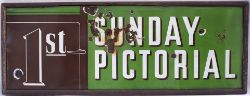 Advertising enamel sign 1st SUNDAY PICTORIAL in the shape of a carriage door. In original frame,