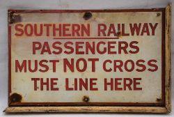 Southern Railway enamel sign. PASSENGERS MUST NOT CROSS THE LINE HERE. Still complete with part