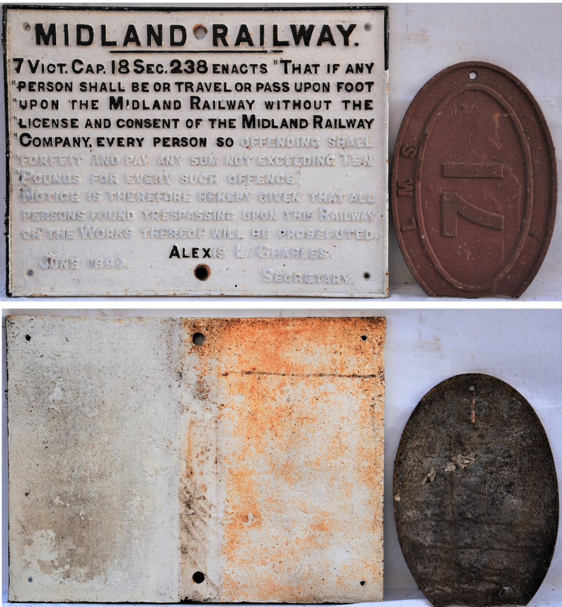 Midland Railway cast iron sign. TRESPASSERS WILL BE PROSECUTED, Alexis Charles 1899 together with