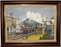 Oil Painting of LONG EATON by WARWICK RICHARDSON. Loco 45585 passing through station with train.