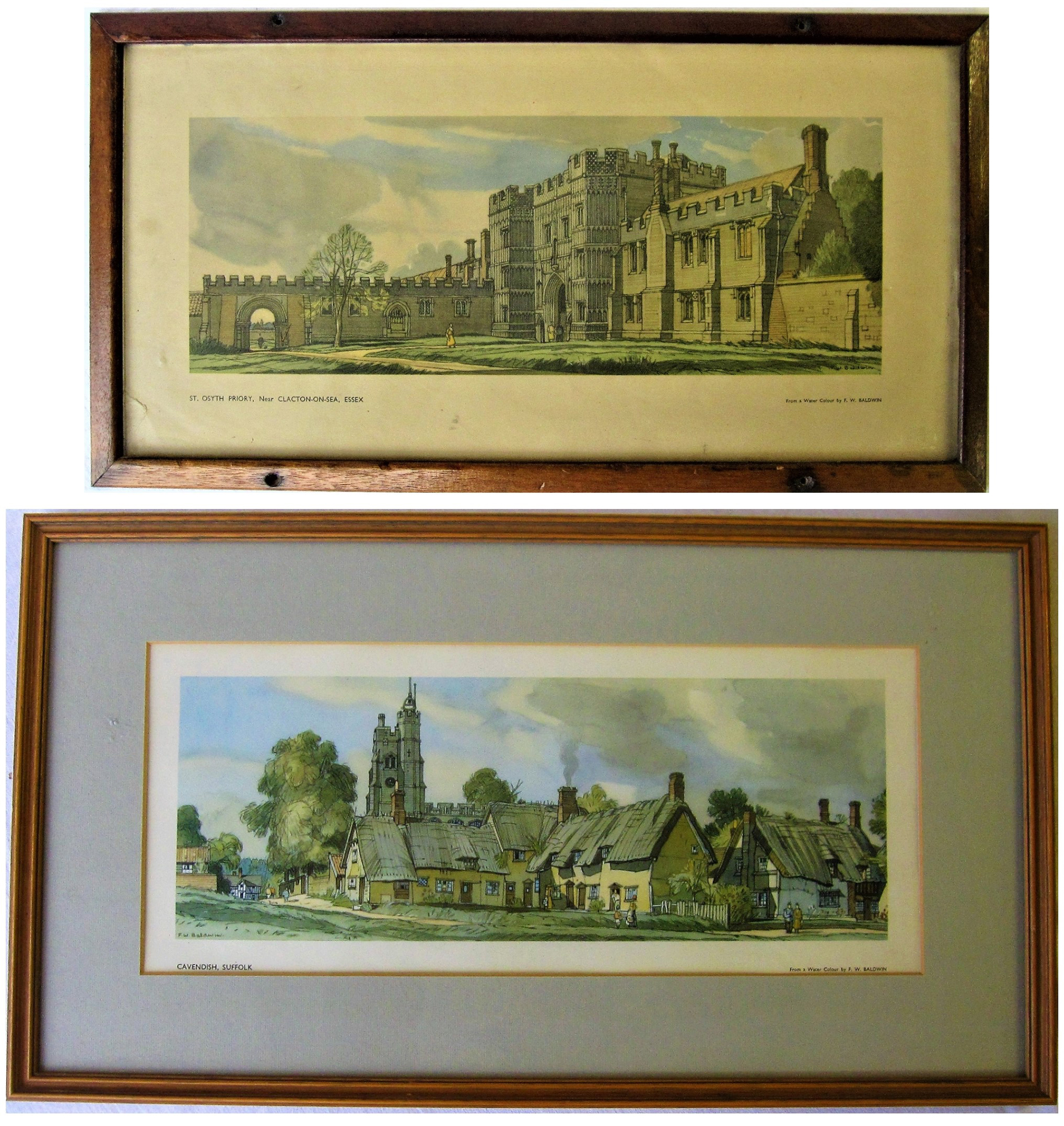 Framed & Glazed carriage prints. St OSYTH PRIORY in original frame and CAVENDISH Suffolk. Replaced