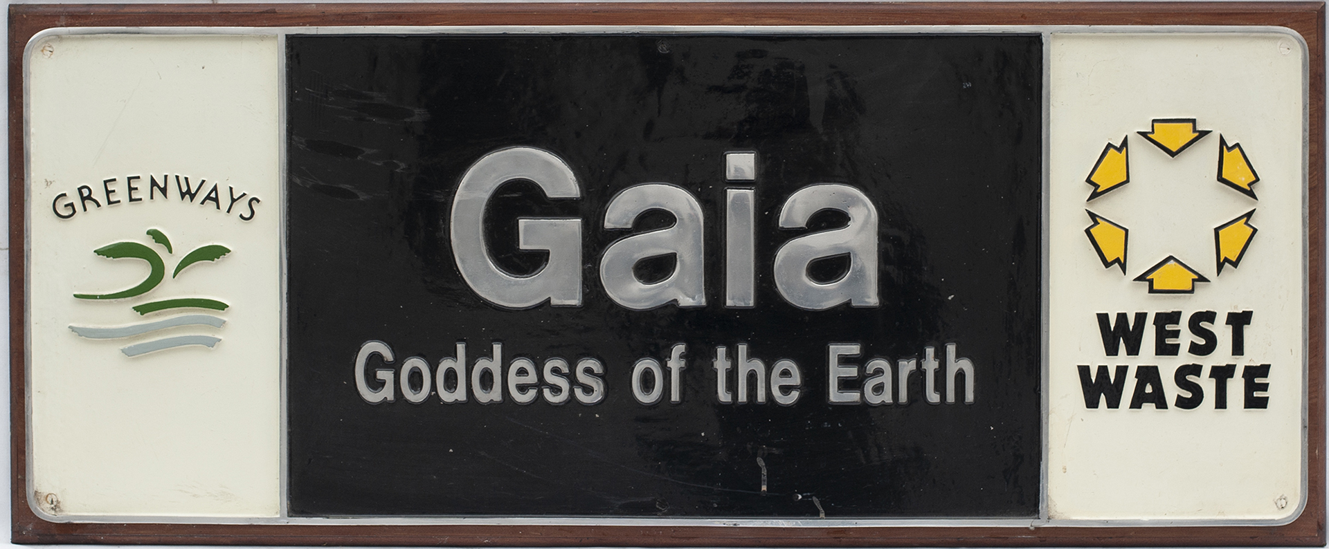 Nameplate GAIA Goddess of the Earth - Uncarried and mounted on wooden back board. This name was