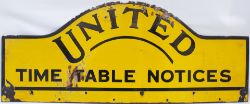Enamel Bus Sign. UNITED TIME TABLE NOTICES. Measures 37in x 15in.