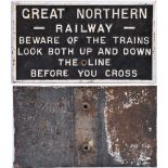 GNR Cast iron notice. BEWARE OF THE TRAINS etc. Front repainted measuring 22in x 12.5 in.