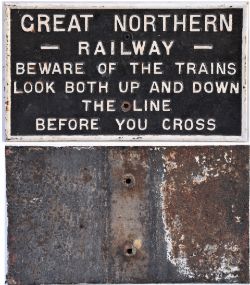 GNR Cast iron notice. BEWARE OF THE TRAINS etc. Front repainted measuring 22in x 12.5 in.