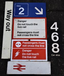 A collection of 6 x modern image signs to include WAY OUT. BR Arrow. DANGER DO NOT TOUCH LIVE RAIL