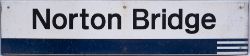 Regional Railways station sign NORTON BRIDGE. In original condition measures 51in x 11.25in.