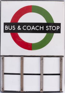 London Transport enamel sign BUS & COACH STOP, double sided, complete with additional route plate