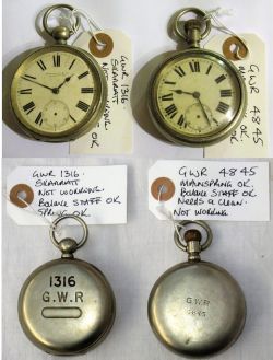 2 x Railway Guards Watches. GWR 1316 made by Skarratt. Not working missing second hand together with