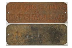 Cast Iron Wagon Plate. RETURN EMPTY TO EVESHAM LMR. This is the bolder lettered and less common