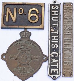 A collection of items; NO 6 cast brass numberplate, SHUT THIS GATE cast iron sign, ENGLISH