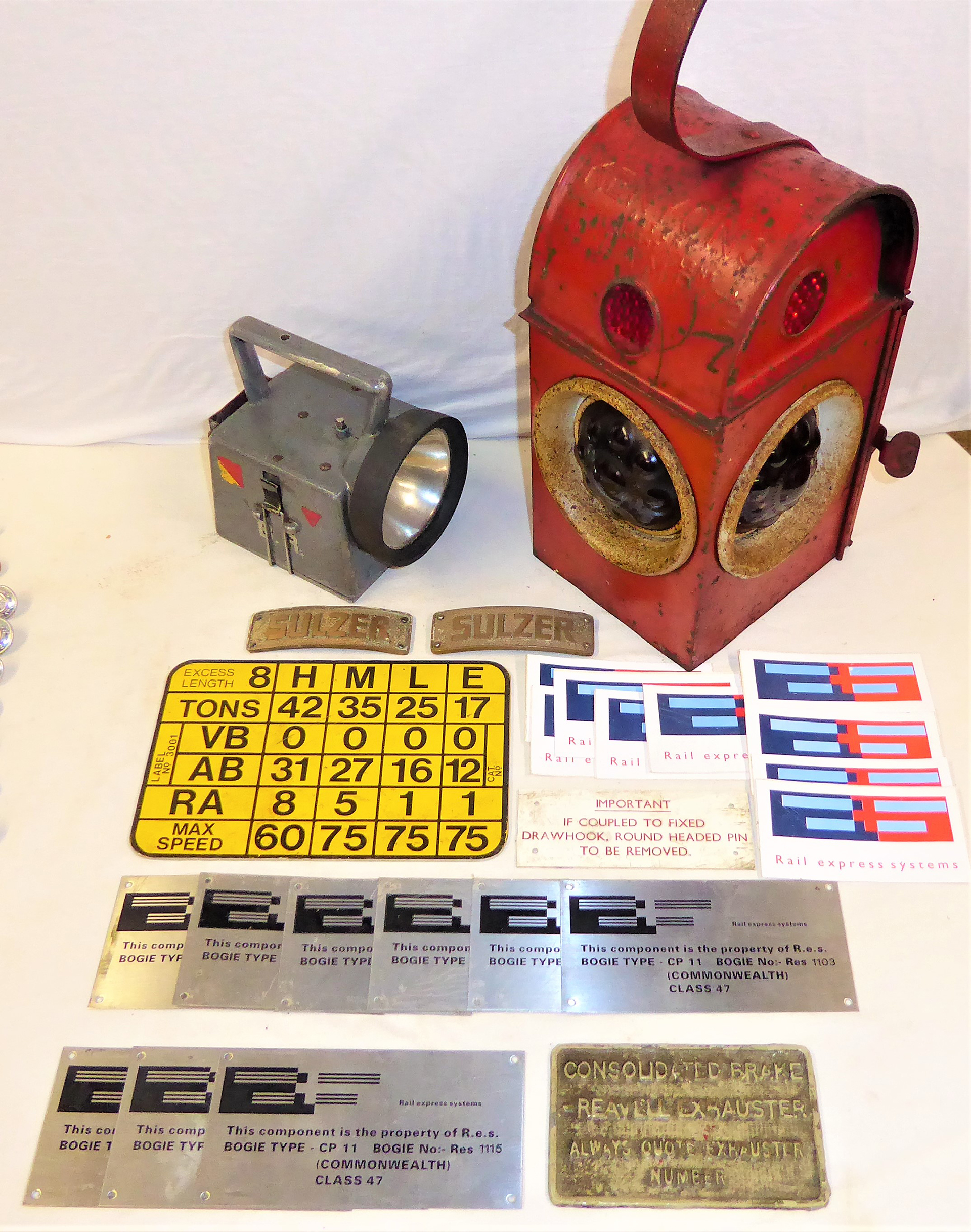 A collection of mainly modern railway items to include 9 x Bogie plates Type CP 11 ex class 47s. 2 x