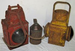 A Lot containing 2 x Railway Lamps LMS style splitting lamp with hook. Unmarked side lamp with red