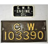 2 GWR cast iron plates. Wagon Plate G.W. 103390 together with GWR stores plate GWR ENGINE OIL.