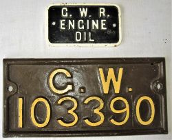 2 GWR cast iron plates. Wagon Plate G.W. 103390 together with GWR stores plate GWR ENGINE OIL.