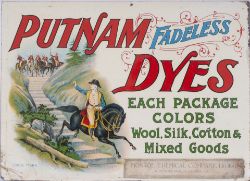 Advertising screen printed tin sign. PUTNAM FADELESS DYES. Measures 15in x 11in.