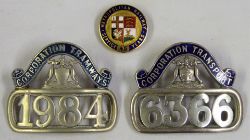 3 x Bus Tram related cap badges. CORPORATION TRAMWAYS 1984. CORPORATION TRANSPORT 6366. METROPOLITAN