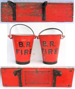 2 x Red Fire Buckets painted BR FIRE together with 2 x wall mounted brackets. Original condition.