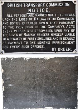 British Transport Commission cast iron notice. ALL PERSONS ARE WARNED NOT TO TRESPASS. Restored