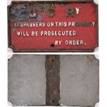 Great Central Railway cast iron notice. TRESPASSERS ON THIS PROPERTY WILL BE PROSECUTED. Original