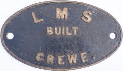 Oval cast brass worksplate LMS BUILT CREWE. Measures 10.5 in x 6in.
