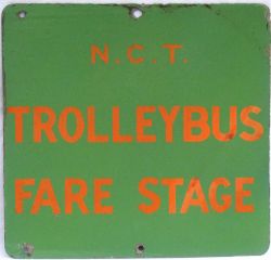 Double sided enamel Bus stop sign. NCT TROLLEY BUS FARE STAGE. Nottingham City Transport. Measures