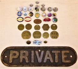 A lot containing an LNER cast iron PRIVATE door plate together with a small collection of badges and