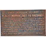 GNR Cast Iron Trespass sign. NOTICE to TRESPASSERS.