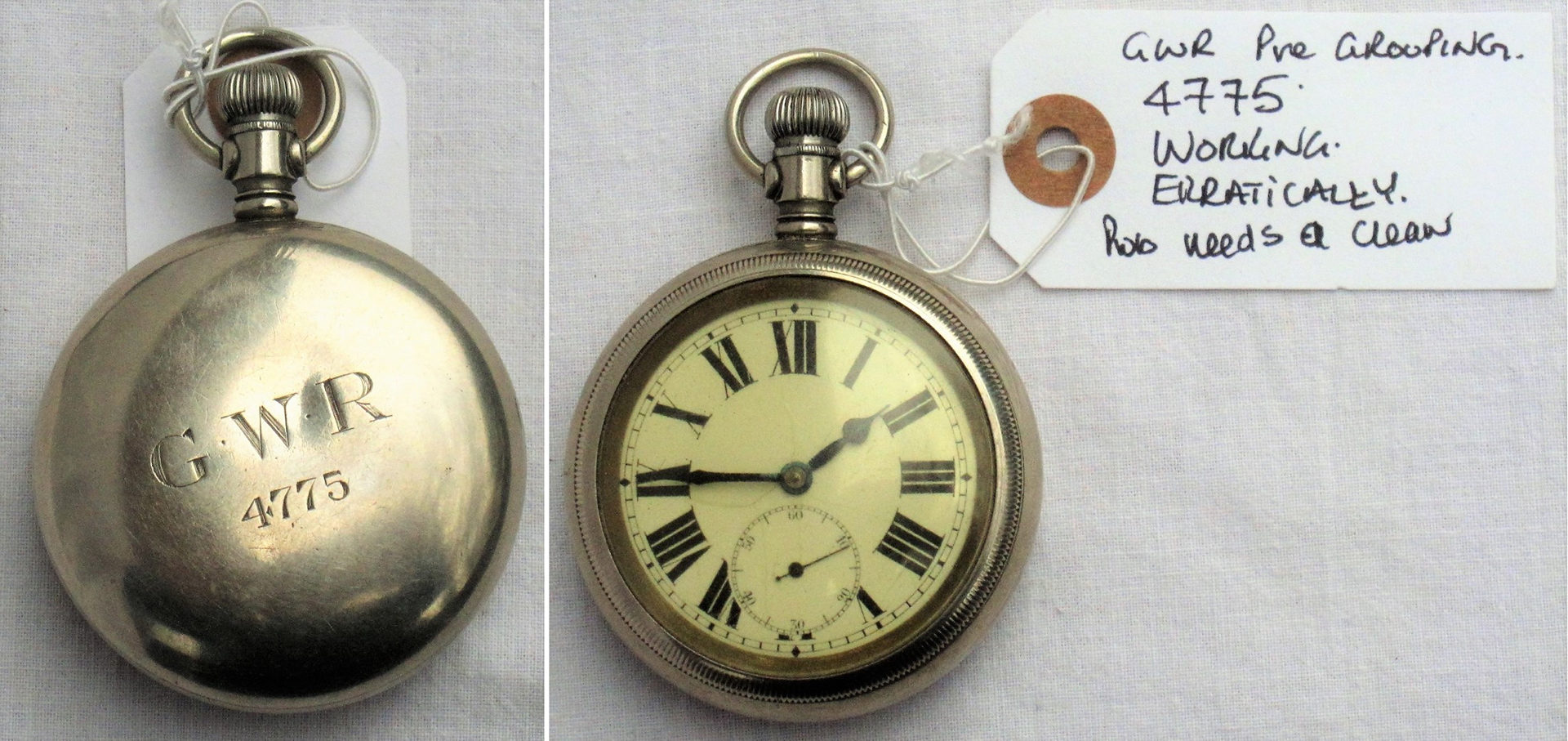 GWR Pre grouping Guards Watch. Engraved on rear GWR 4775 in working condition but erratic. Needs