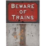 Midland Railway cast iron sign. BEWARE OF TRAINS. Original condition. Measures 22.5 in x 15in.