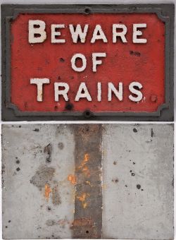 Midland Railway cast iron sign. BEWARE OF TRAINS. Original condition. Measures 22.5 in x 15in.