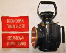 A lot containing 2 x Cloth Arm Bands BREAKDOWN TRAIN GUARD together with a BR standard Hand lamp