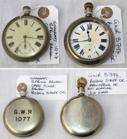 2 x Railway Guards Watches. GWR 1077. Made by Skarratt. Not working with main spring broken, hinge